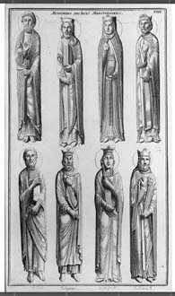 Gravure des statues-colonnes du portail Sainte-Anne par Montfaucon